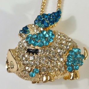 Flying Pig  aqua blue  rhinestone necklace 28-30 inches gold tone